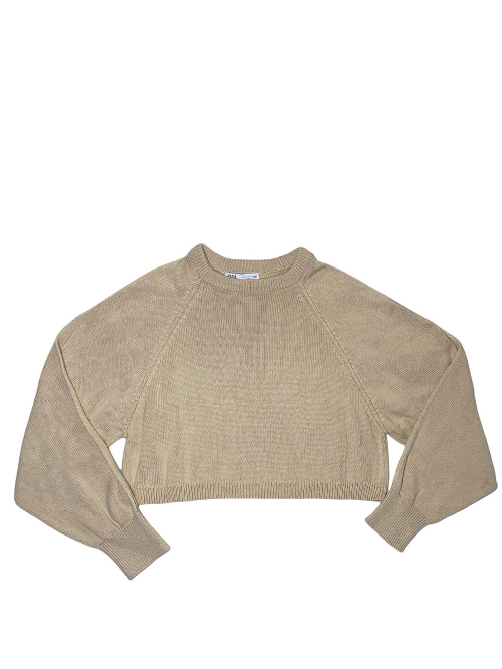 ZARA 100% cotton Knit Sweater Raglan Sleeve Ribbed Trim oatmeal granola color - Picture 2 of 11